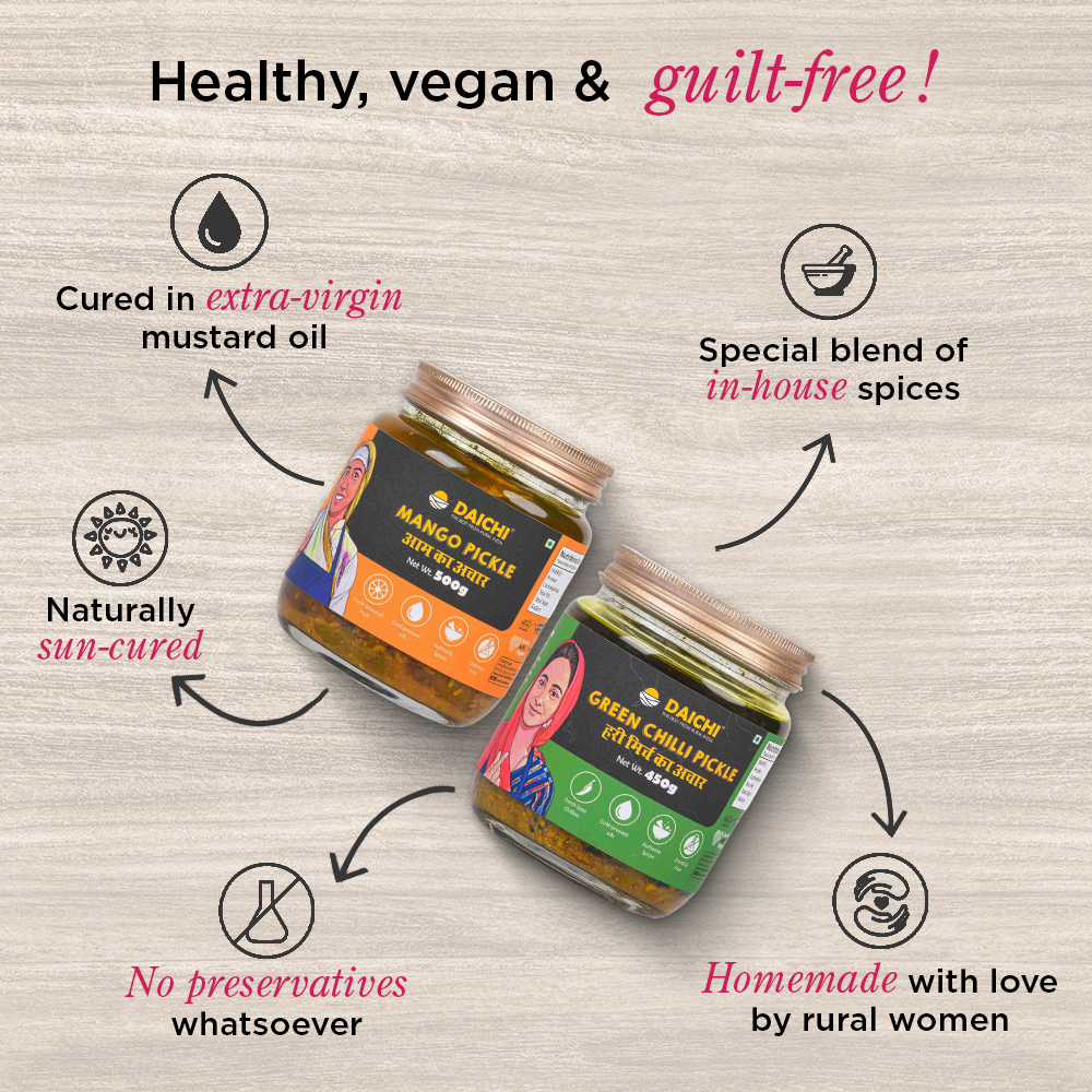 Homemade Achar Combo Saver Pack | Mango + Green Chilli | Cured in Cold-Pressed Mustard Oil | No Preservatives (Pack of 2)