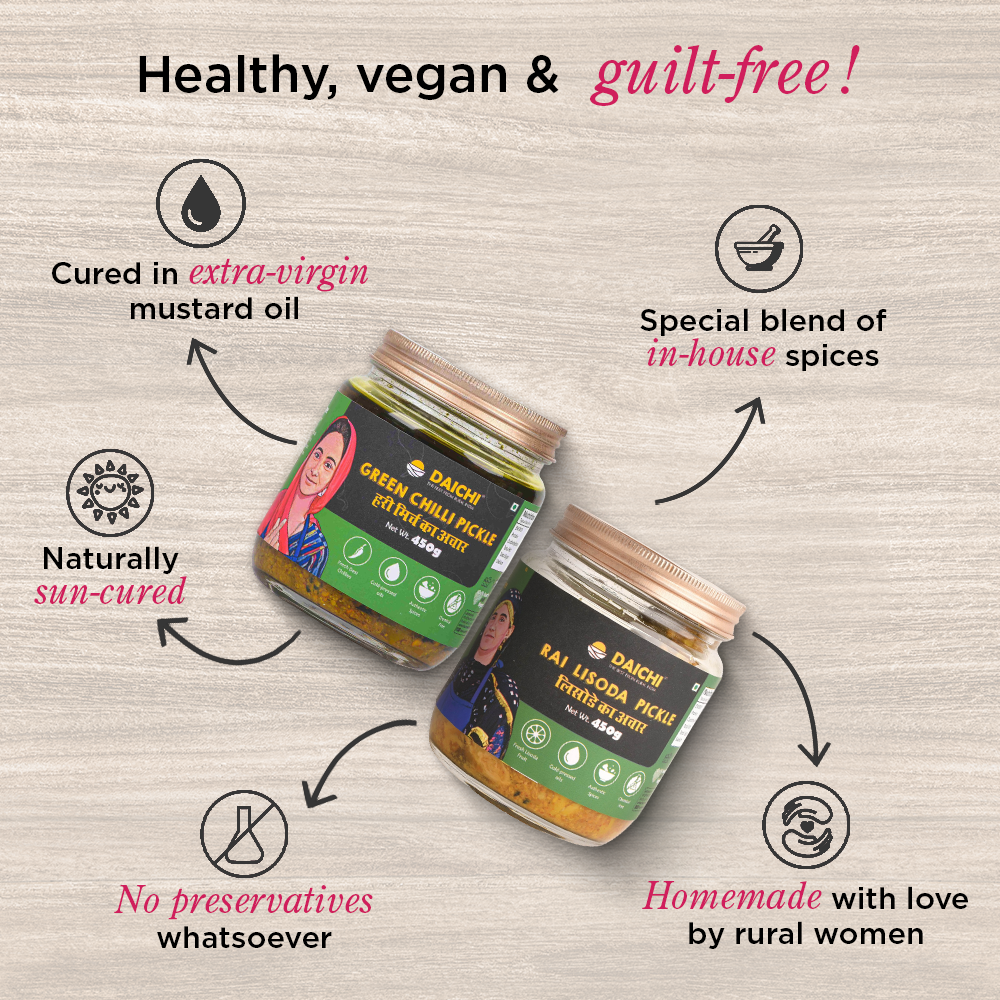 Homemade Achar Combo Saver Pack | Green Chilli + Lisoda | Cured in Cold-Pressed Mustard Oil | No Preservatives (Pack of 2)