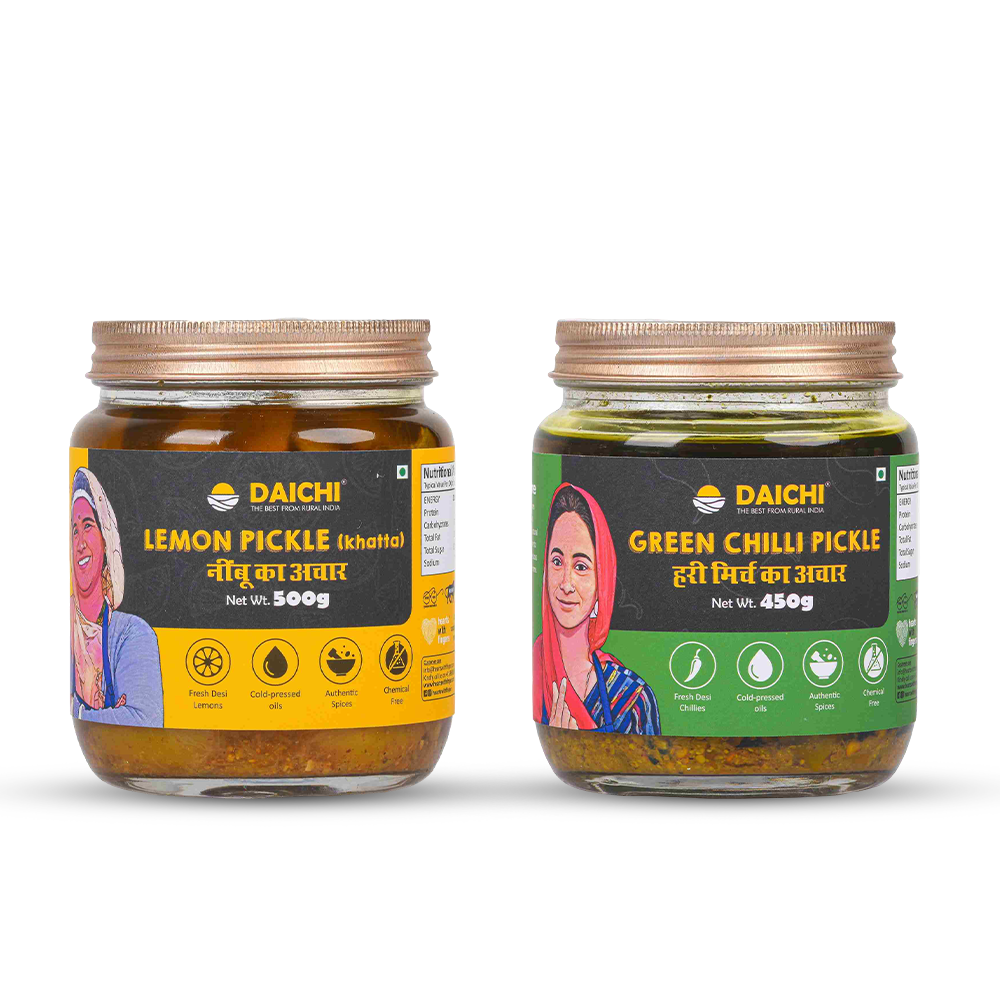Homemade Achar Combo Saver Pack | Lemon Khatta + Green Chilli | Cured in Cold-Pressed Mustard Oil | No Preservatives (Pack of 2)