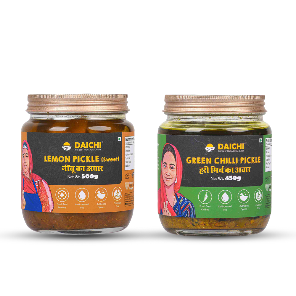 Homemade Achar Combo Saver Pack | Lemon Sweet + Green Chilli | Cured in Cold-Pressed Mustard Oil | No Preservatives (Pack of 2)