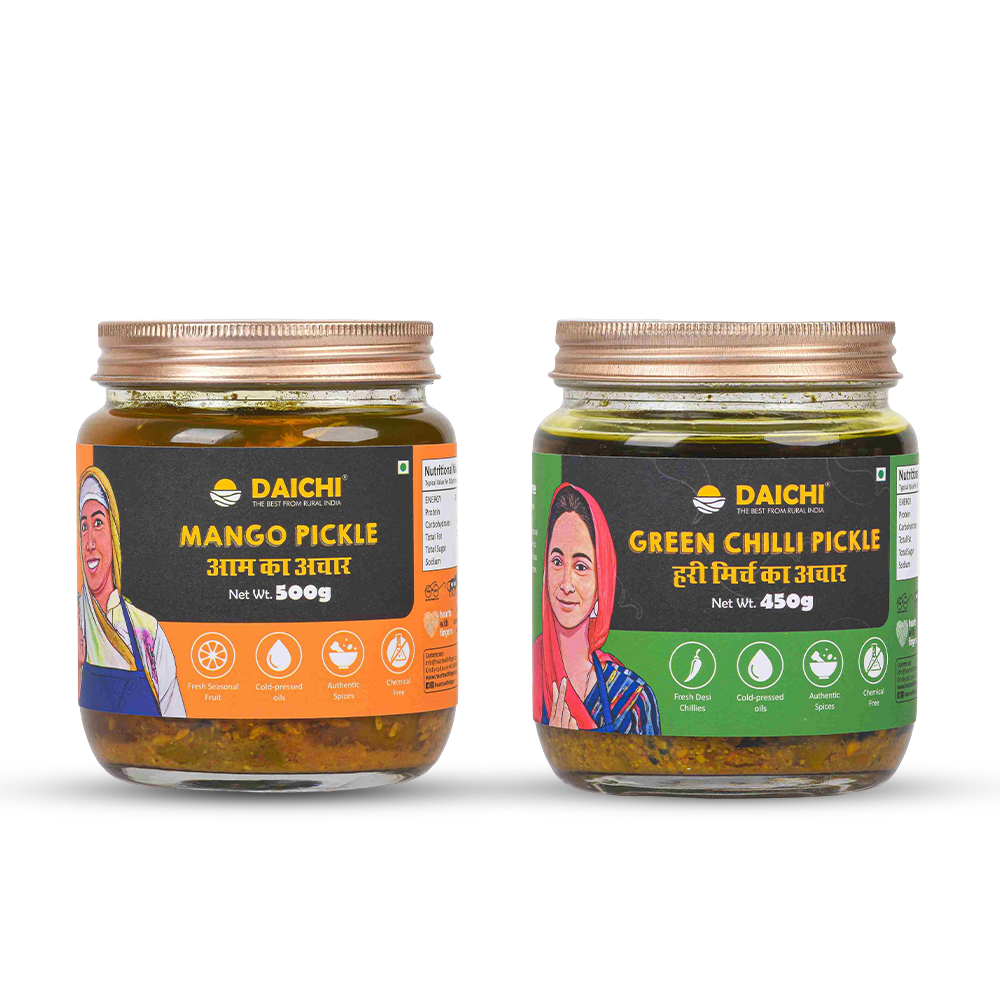 Homemade Achar Combo Saver Pack | Mango + Green Chilli | Cured in Cold-Pressed Mustard Oil | No Preservatives (Pack of 2)