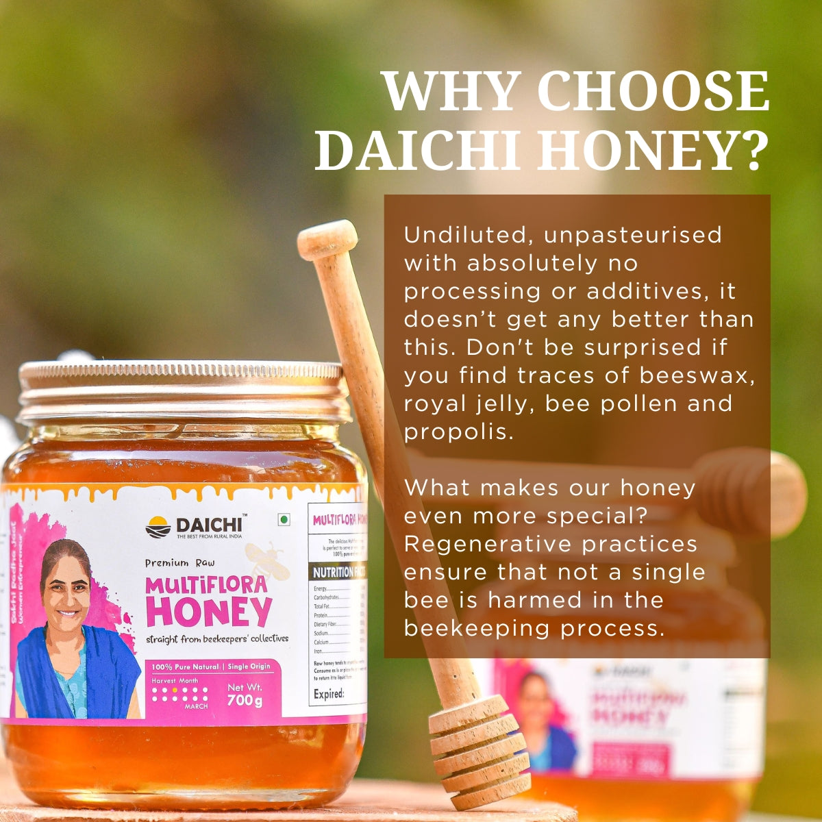 Daichi Multiflora Honey - 100% Raw & Unprocessed, Straight from beekeepers, Cruelty-free, No Sugar or Additives