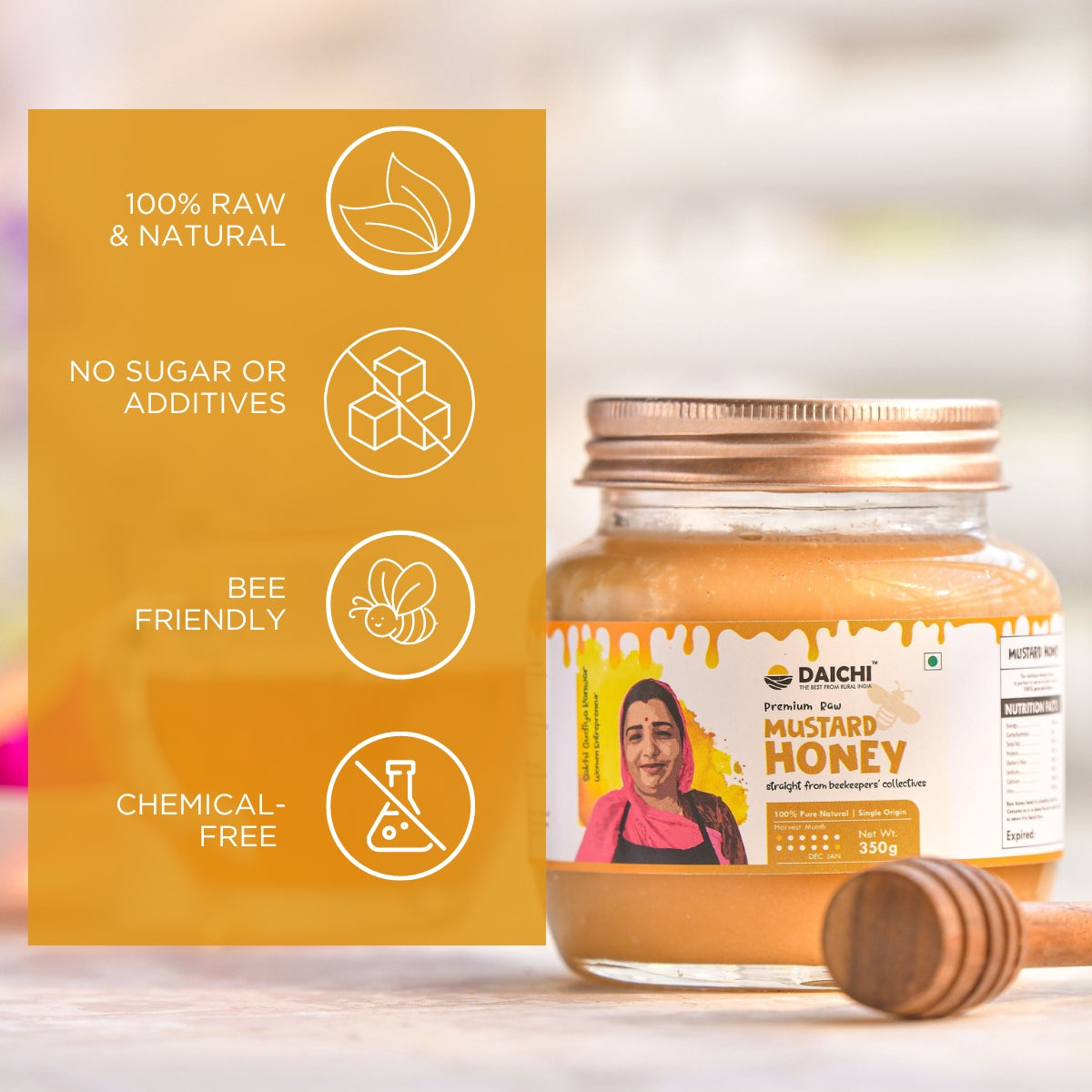 Daichi Mustard Honey -  100% Raw & Unprocessed, Straight from beekeepers, Cruelty-free, No Sugar or Additives (100% off)