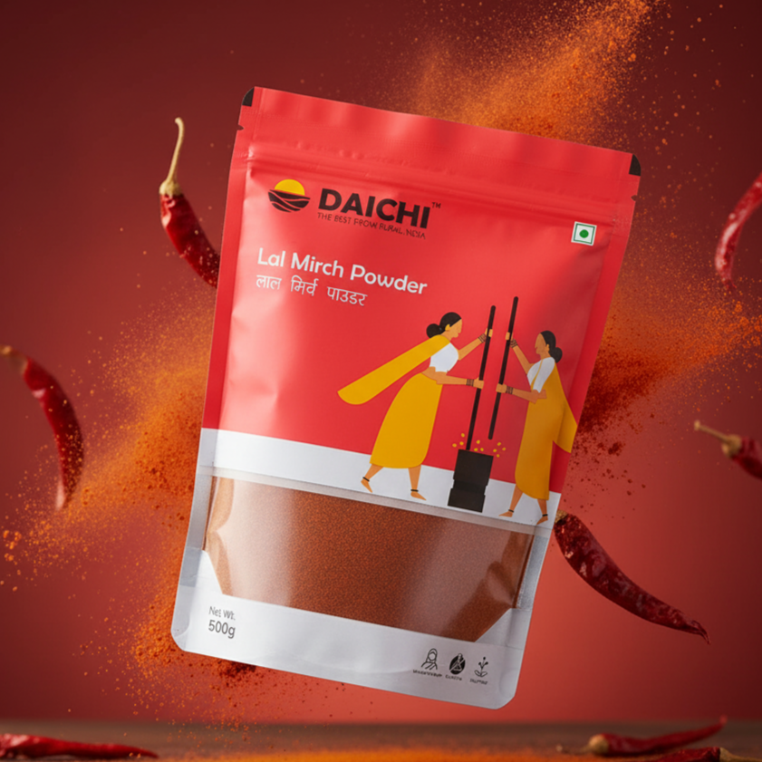 Daichi Lal Mirch Powder packaging with red chili peppers on a red background

