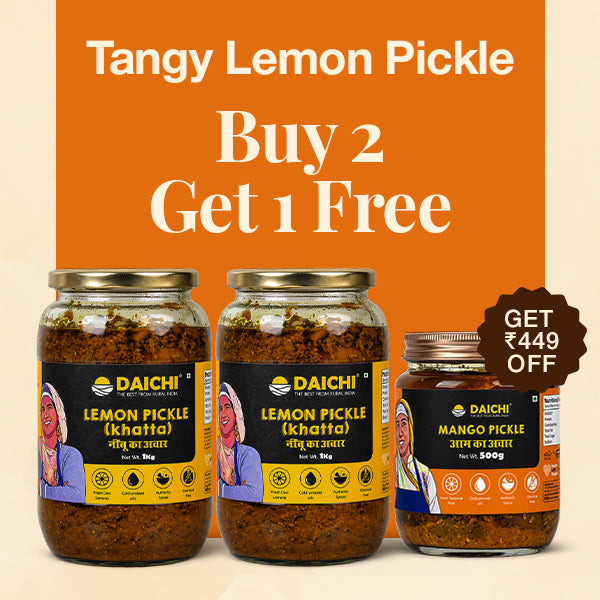 Daichi Tangy Lemon Pickle | Cold-Pressed Oil | Traditional Recipe | No Preservatives | Buy 2 kg, Get 500g Mango Pickle FREE