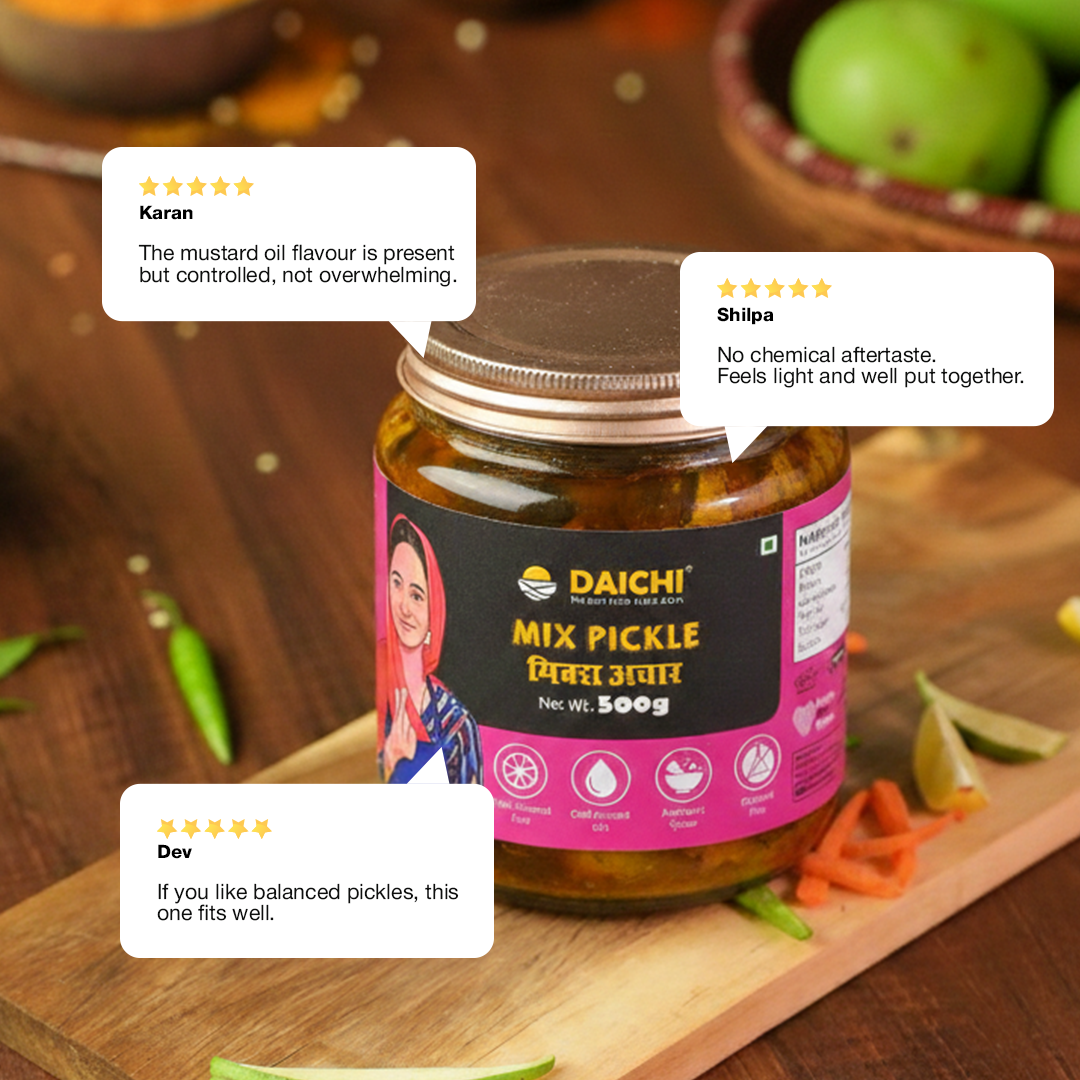 Daichi Mix Pickle | Crafted with Love by Women Artisans | Sun Cured | Cold-Pressed Mustard Oil | In-House Spices