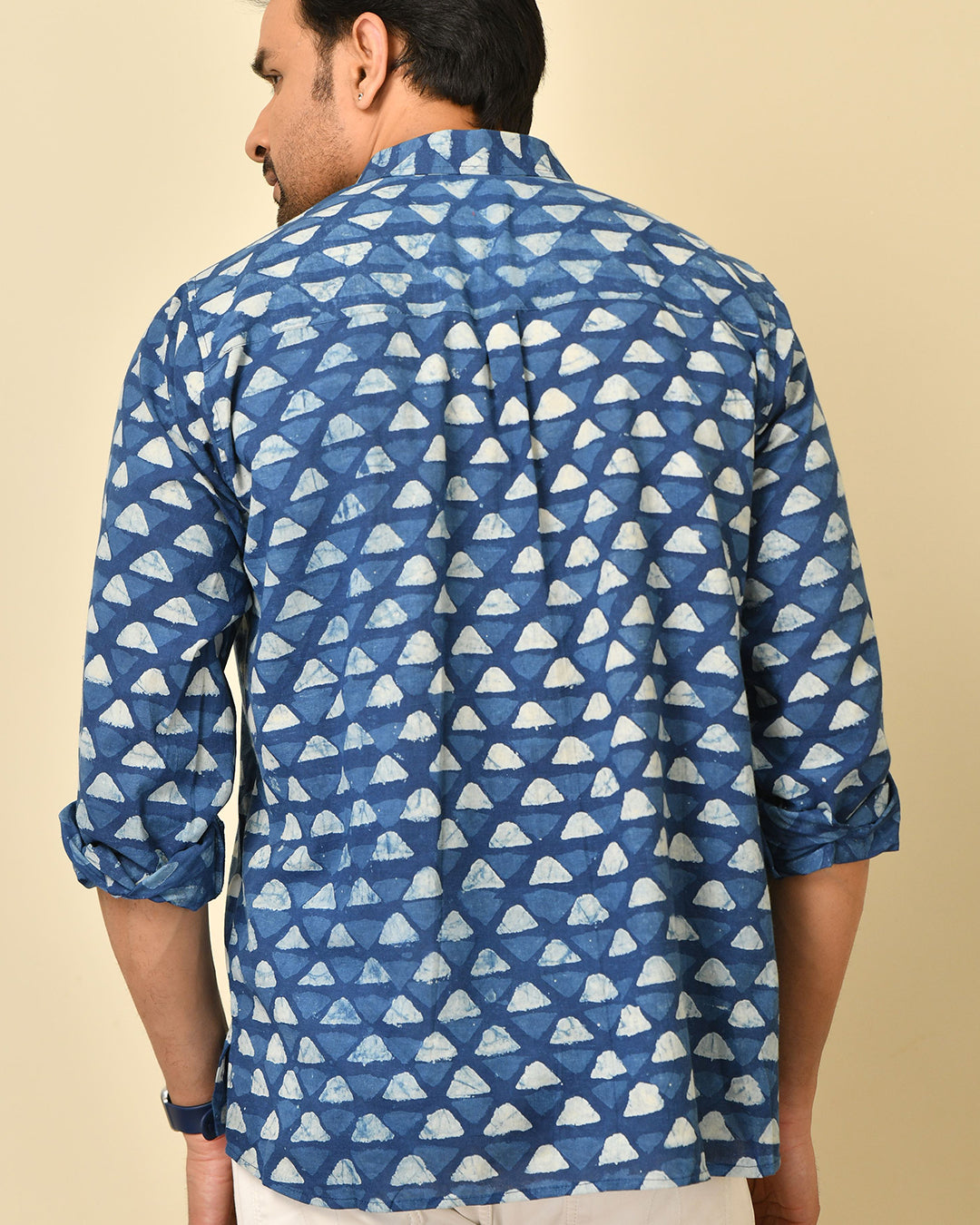 Classic collar full sleeves shirt in natural Bagru print with pocket and wooden buttons