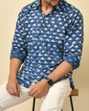 Classic collar full sleeves shirt in natural Bagru print with pocket and wooden buttons