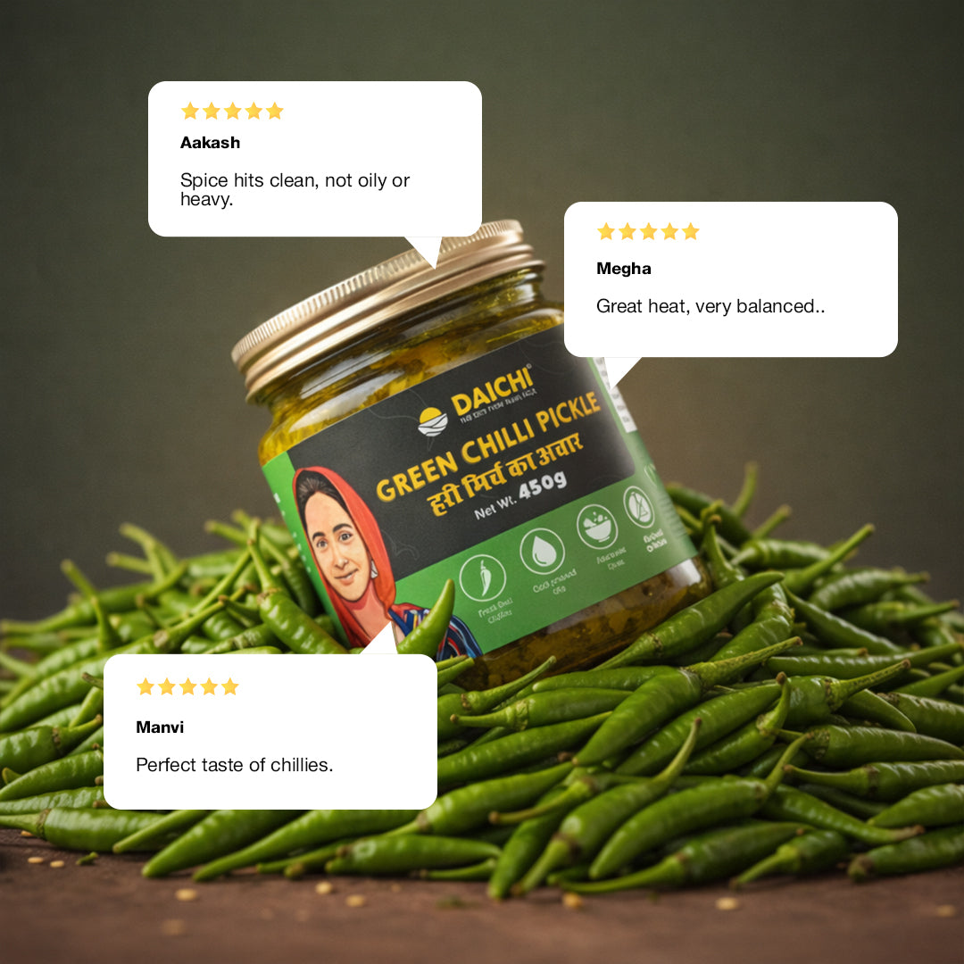 Daichi - Green Chilli Pickle | Crafted with love by women artisans | Sun cured | Cold-pressed mustard oil | In-house spices | No Preservatives